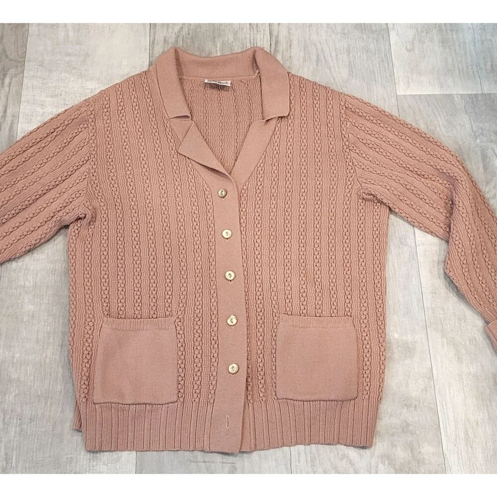 Vintage 90s Cable Knit Cardigan Womens 42 (XL) Brown Patch Pockets Made Romania